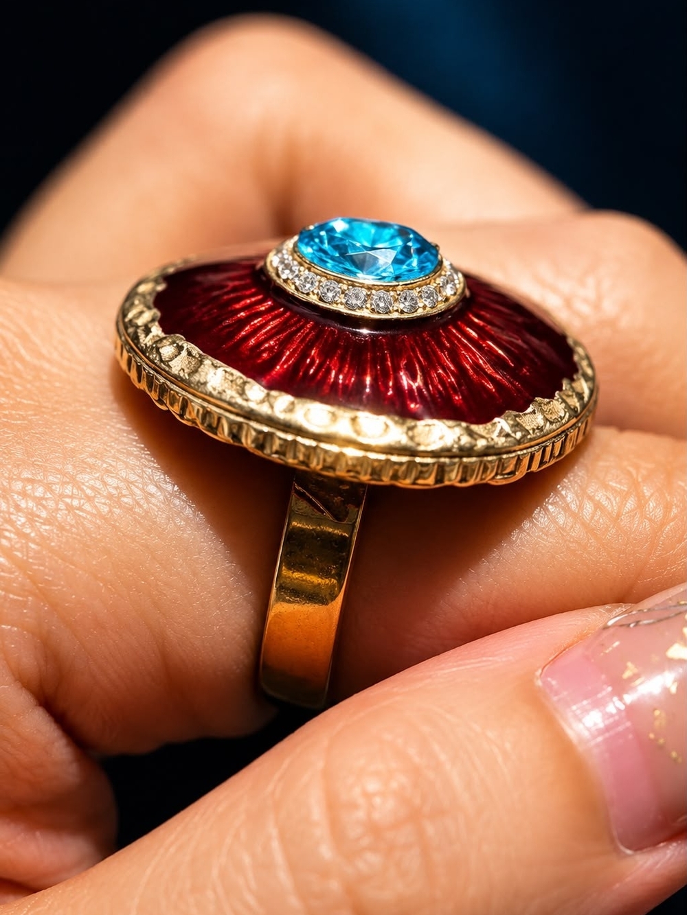 Red & Blue Enamel Statement Ring by - Picture 4 of 6